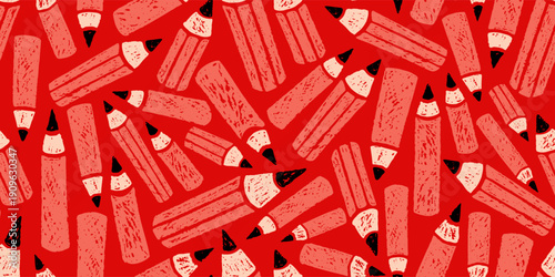 Pencils pattern with charcoal texture. School seamless pattern of doodle stationery for write. Sketch crayon background of kids education concept with pencils, vector hand drawn illustration