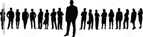 Flat vector silhouettes of central business leader standing in front with group teamwork communication collaboration corporate hierarchy office culture illustration