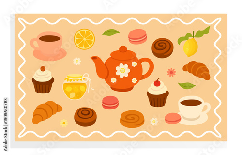 A charming set of hand-drawn vector icons. Teapot, mug and saucer, croissants, macaroons, buns, rolls, cherry muffins, lemon, and jam. Suitable for banners, posters, cards, menus, and recipes.