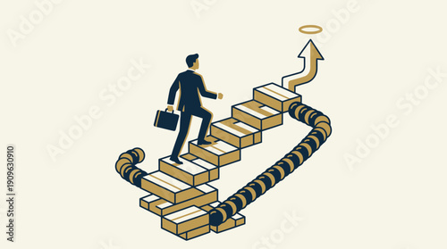 Detailed illustration of a businessman climbing a winding isometric staircase toward a goal and a halo arrow, concept for business strategy, career development and leadership success
