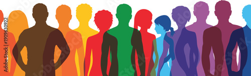 Flat vector silhouettes of diverse colorful human figures standing together representing unity, diversity, equality, individuality, community, inclusion, identity, design
