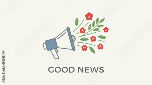 Graphic illustration of a megaphone announcing "GOOD NEWS" with blooming red flowers and green leaves, concept for marketing promotion, business announcements and nature reporting