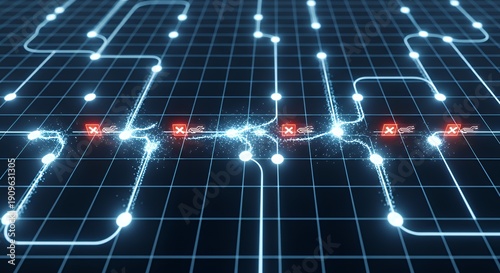 Abstract server network visualization where glowing nodes disconnect error icons replacing data pathways in a clean cybernetic grid