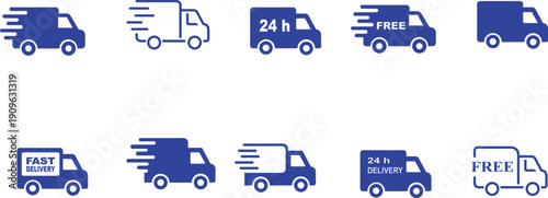 Fast Delivery Truck Icons Set – Express Shipping, 24h Delivery, Free Shipping Van Vector Collection


