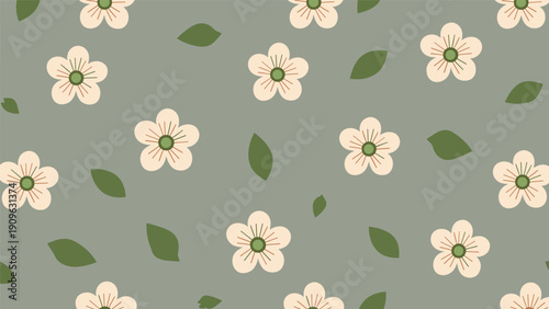 Seamless floral pattern with delicate white blossoms and green leaves on a soft muted grey background for textile and wallpaper design.