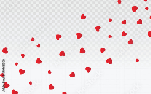 Red heart confetti vector background with scattered romantic shapes on light backdrop, festive love design ideal for Valentine themes, wedding invitations, greeting cards, banners, and digital graphic