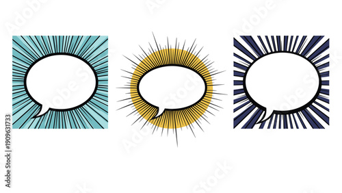 Set of three comic speech bubbles with radiating sunburst lines in blue yellow and dark navy colors for expressive character dialogue.