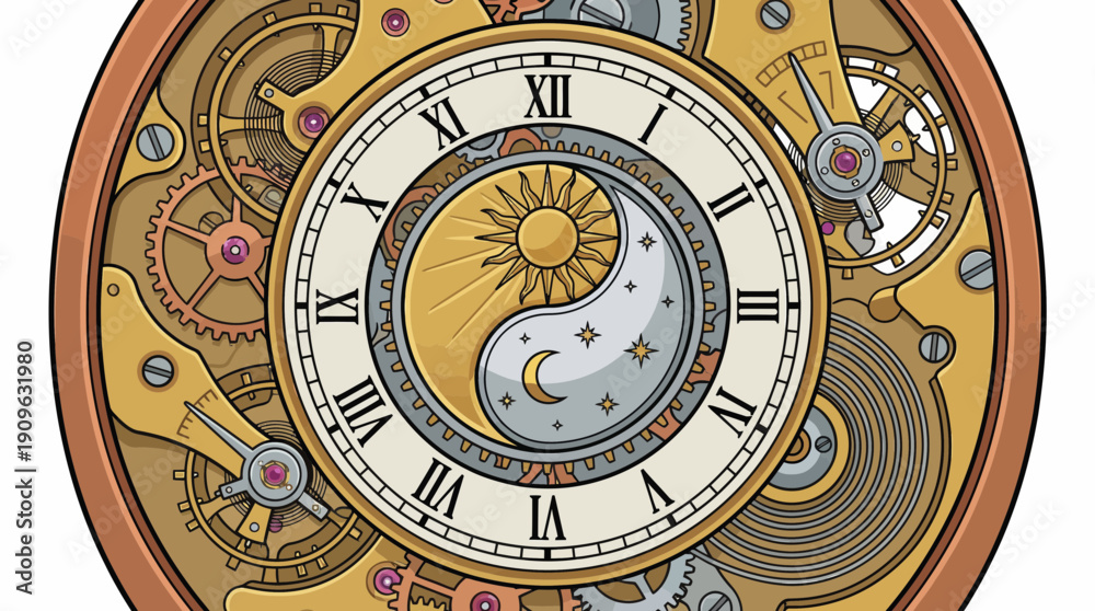 Obraz premium Detailed vector illustration of a mechanical clock movement featuring gears, Roman numerals and a sun-moon celestial dial, concept for complex engineering, time management and antique artwork