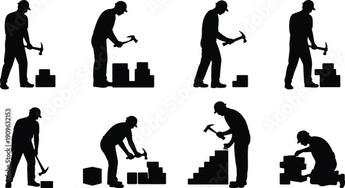 Bricklayer construction worker silhouette set building wall industrial labor black vector illustration isolated