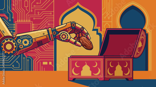 Cyborg arm placing date fruit into a decorative Islamic box with bright circuit board background, concept for Ramadan greeting card, digital festival advertising and religious technology concept