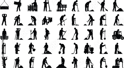 Construction and road work laborer silhouettes, builders using tools, industrial worker set isolated on white background