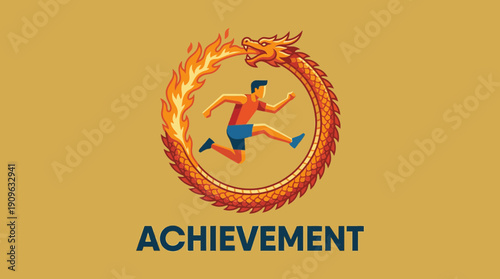 Dynamic vector illustration of an athlete running inside a flaming circle formed by a fire-breathing dragon, concept for success motivation, risk-taking strategies and competitive spirit development