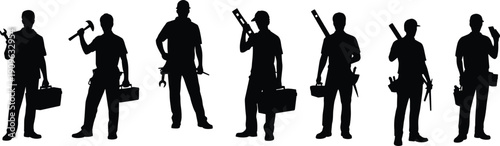 Construction handyman silhouettes with toolbox and equipment, professional builder team isolated on white background