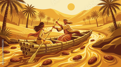 Two people rowing a bamboo boat down a golden desert river with palm trees and floating cocoa beans, concept for ancient trade routes, travel posters and historical graphics