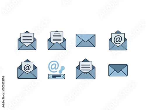 Professional set of vector email and mail icons featuring envelope buttons and communication symbols for business web design and mobile internet message contact
