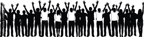 Celebration people silhouette vector set, black white clipart of unity raised arms teamwork diversity, collective achievement illustration artwork bundle