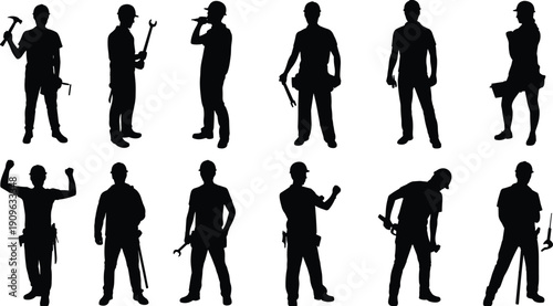 Construction worker silhouettes collection, builders and contractors with tools, industrial labor men set isolated on white background