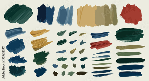 A colorful collection of artistic watercolor brush strokes and ink textures featuring pink heart shapes and grunge vector design elements for paint illustration patterns