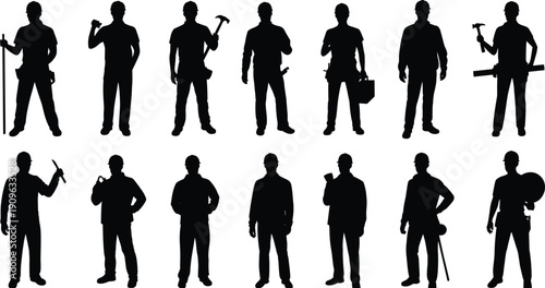 Construction worker silhouettes set, builders with tools collection, contractor men standing, industrial labor vector isolated on white background
