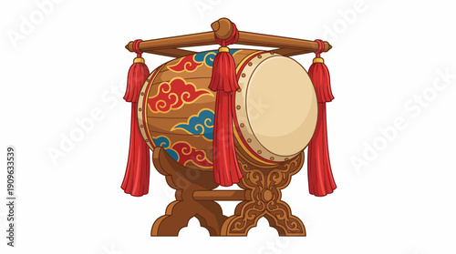 Detailed vector illustration of a traditional ceremonial Asian drum on a decorative wooden stand with red tassels and cloud motifs, concept for cultural events, music promotion and festive design