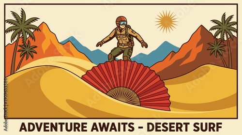 Retro illustration of an adventurer sand surfing on a giant red fan down desert dunes with palms and mountains, concept for travel promotions, adventure branding and outdoor sports advertising,