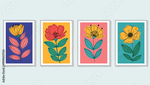 Set of four colorful minimalist flower posters with bold outlines and vibrant backgrounds for modern home decor and gallery walls.