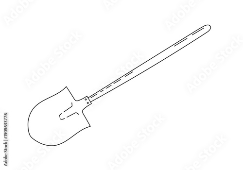 Shovel with wooden handle garden equipment simple doodle hand drawn illustration, manual work tool for digging ground during farming or hobby activities, line art image