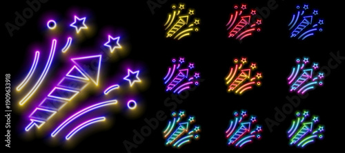 Neon Confetti and Party Streamers Icons Pack – Glowing Celebration Elements Collection