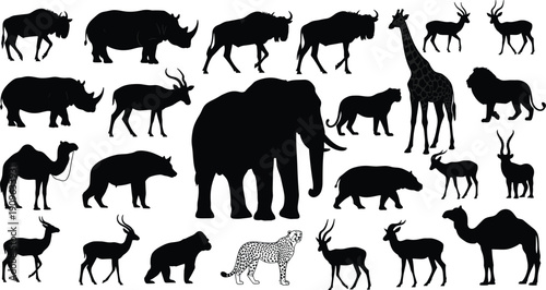 African safari wildlife silhouettes collection isolated on white background, wild animals including elephant, giraffe, lion, rhino and antelope species set