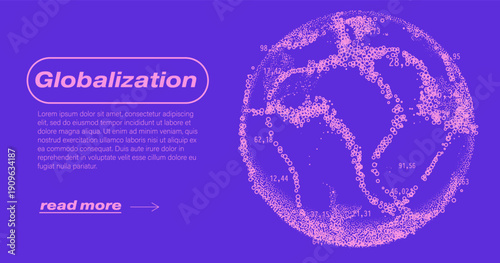 Vibrant vector illustration of pink dotted globe with continent outlines and numerical labels on purple background. Conceptual vector illustration for globalization, world data visualization and inter