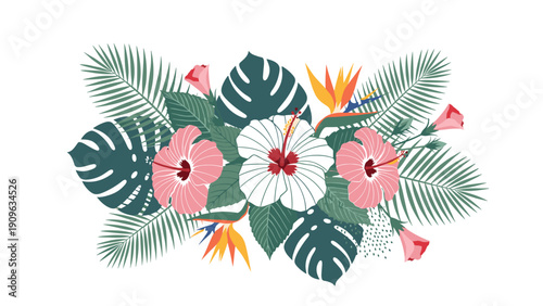 Lush tropical bouquet with pink and white hibiscus flowers mixed with bird of paradise and exotic palm leaves for a floral design.