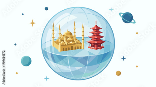 Isometric vector illustration featuring a gold mosque and red pagoda within a clear, faceted globe, concept for global unity, cultural diversity and international travel promotion