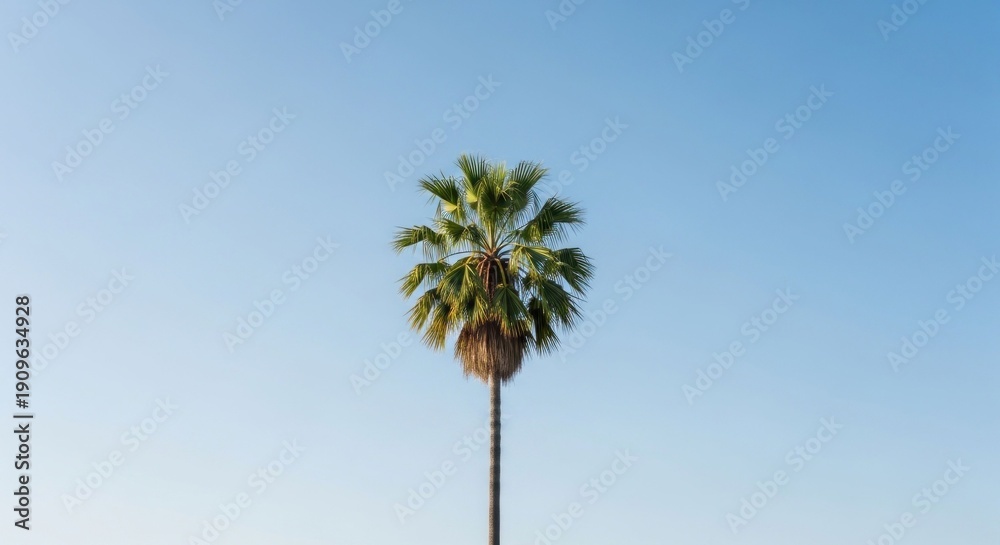 Fototapeta premium Tall palm tree against a clear, gradient blue sky, midday sunlight