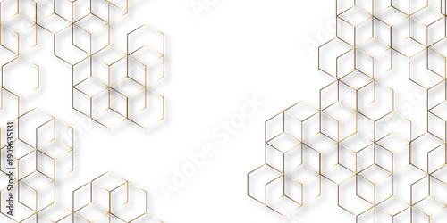 Abstract hexagon white background with shadow .golden background Futuristic blue neon honeycombs. Modern technology design. Vector illustration.	