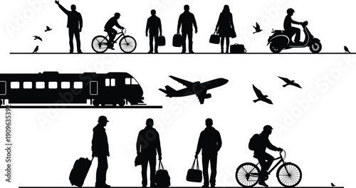 Travel transport silhouette vector set, black white clipart of people luggage bicycle scooter train airplane birds illustration artwork bundle
