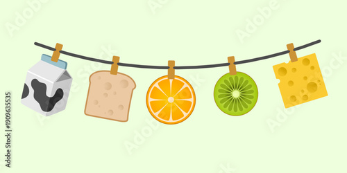 fresh fruit , bread, and milk on a clothesline vector illustration