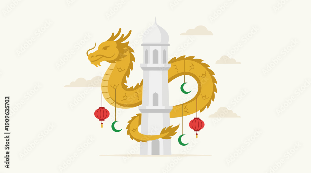 Obraz premium Golden Chinese dragon coiled around a white mosque minaret with lanterns and crescent moons on white background, concept for cultural diversity, religious harmony and holiday greeting card