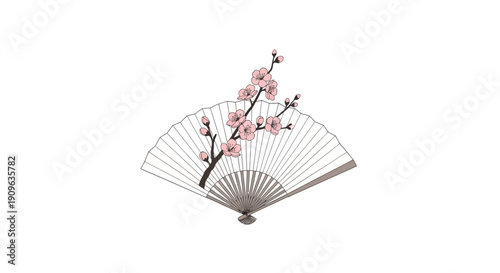 Delicate Pink Cherry Blossom Hand Fan, Vintage Asian Accessory Illustration