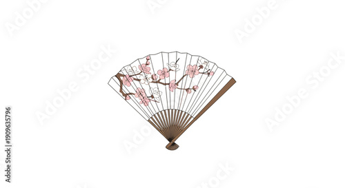 Delicate Pink Cherry Blossom Hand Fan, Vintage Asian Accessory Illustration