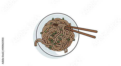 Delicious Asian Noodle Dish with Green Onions and Chopsticks, Served on a Plate for a Savory and Authentic Meal Experience