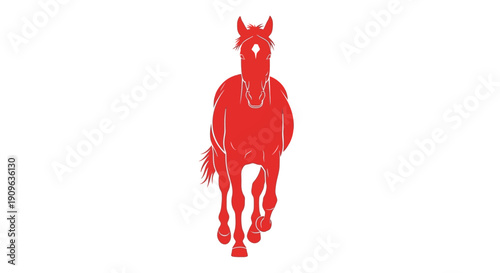 Dynamic front view illustration of a vibrant red horse galloping with powerful stride, capturing its elegant movement and strength against a clean white background, symbolizing speed and grace