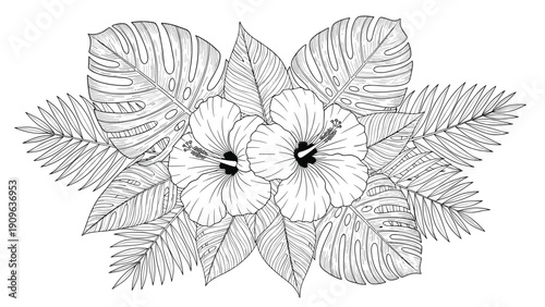 Detailed black and white line art illustration of tropical hibiscus flowers surrounded by various palm and monstera leaf shapes.