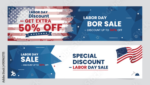 Labor Day sale banners featuring patriotic colors and geometric designs for American holiday promotions