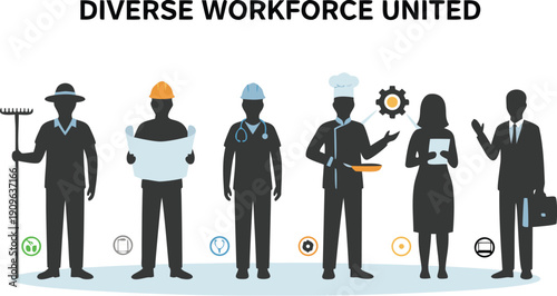 A collection of silhouettes representing various professionals creating a diverse and united workforce
