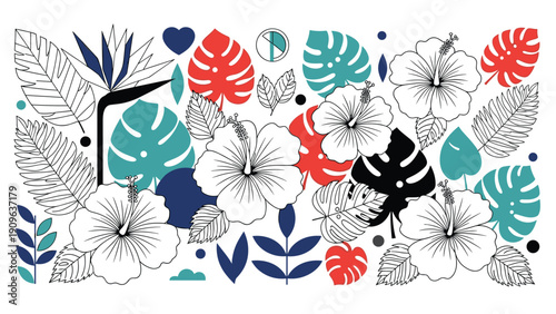 Modern artistic composition of tropical foliage and hibiscus flowers in teal, red, and blue shades mixed with line art on white.