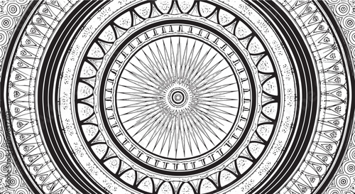 Abstract vector tire track wheel forming a round zodiac clock on the ancient facade of a Venetian cathedral tower in Italy