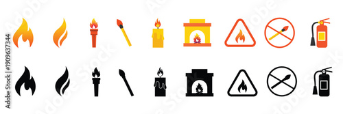 Fire icons set, modern vector collection of flames, safety warnings, and heat elements for design, fire, safety, icons