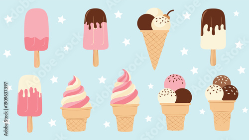 Variety of delicious ice cream treats including popsicles, cones, and scoops in different flavors on a light blue starry background.