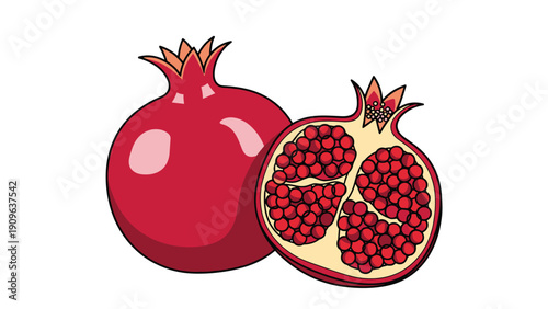 Detailed illustration of a whole red pomegranate fruit next to a half-cut version showing ripe seeds on a white background.