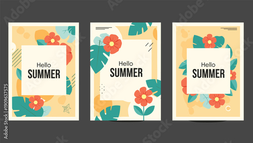 Set of three stylish summer posters with floral motifs and geometric accents featuring warm colors and bold hello summer typography.